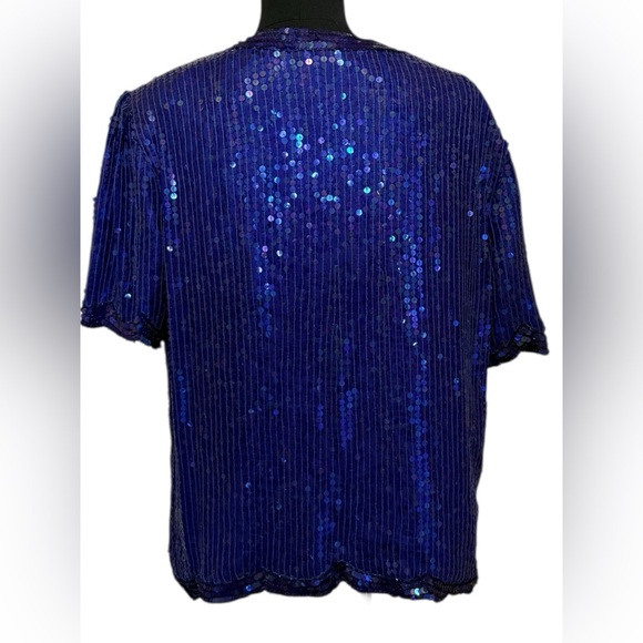 Royal Feelings Blue Hand Beaded Sequin Embellished Silk Top - Picture 2 of 7